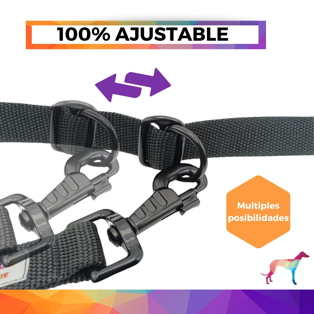 Guia para cães EGV com múltiplas posições e alça dupla de neoprene. Guia para cães que permite o uso com as mãos livres, 2,5 metros de comprimento. (Preta)
