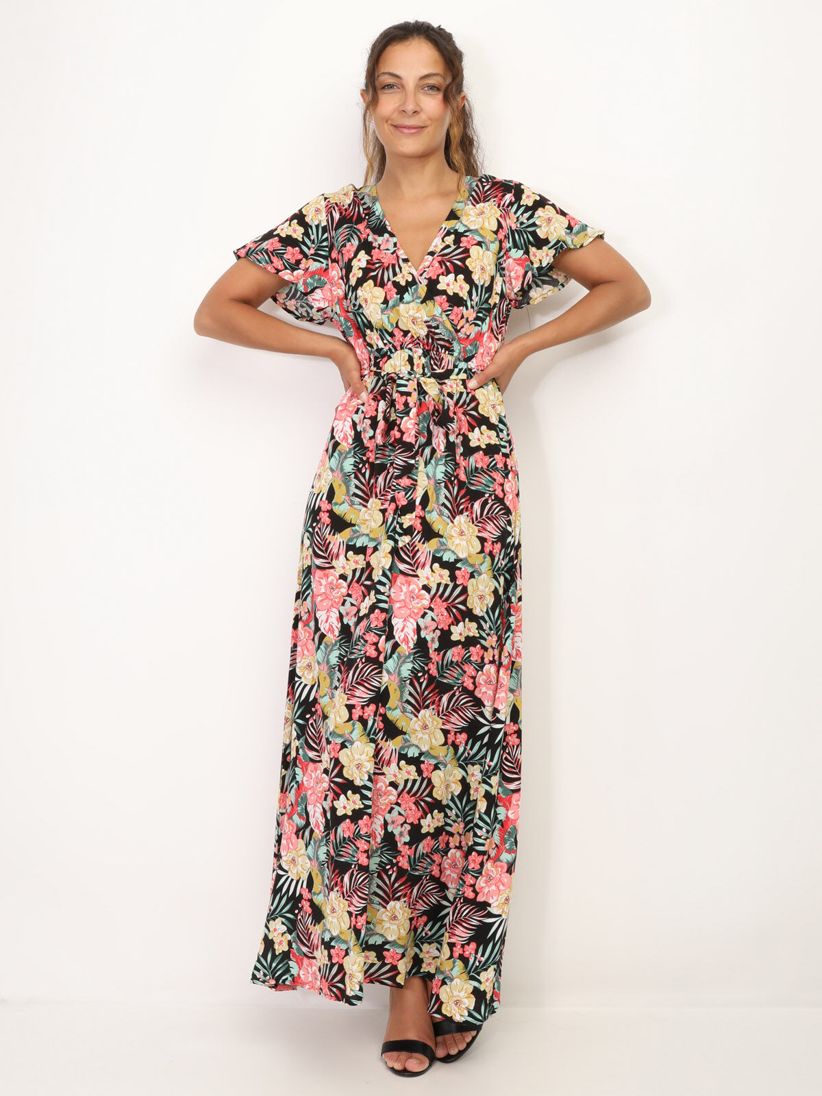 Robe style portefeuille à motif fleurs- Noir