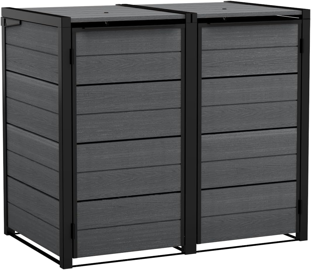 Koll Living Mülltonnenbox Hide Away | 480 Liter, flexibel erweiterbar | Stahlrahmen | mit Gasdruckfedern | Anthrazit | naturgetreue Holzoptik | wetterfest & wartungsfrei | belüftet