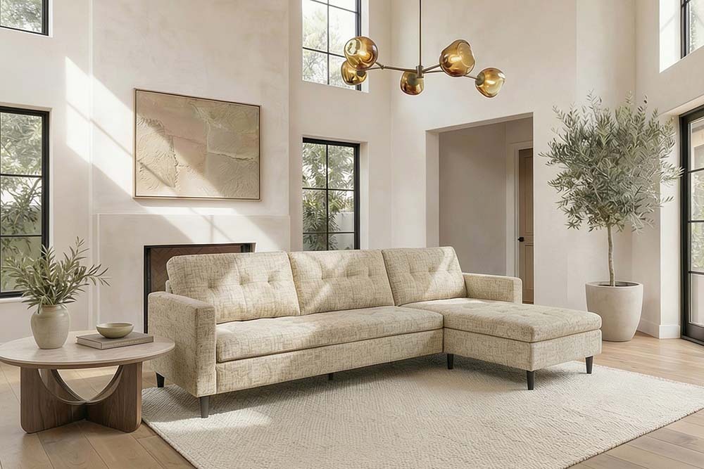Modernes Ecksofa STOCKHOLM 220cm beige cozy Veloursstrickstoff Federkern 3-Sitzer-Sofa
