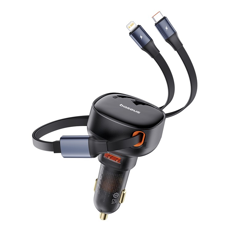 (60W) USB A Auto KFZ Ladegerät mit einziehbarem USB C / Lightning Kabel - Schwarz