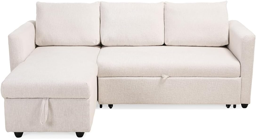 Meubletmoi Wilson Ecksofa, links, wendbar, 3-Sitzer, Länge: 210 cm, aus weichem Stoff, beige, ausziehbar, mit Kissen und integriertem Truhe, moderner Komfort und Originalität