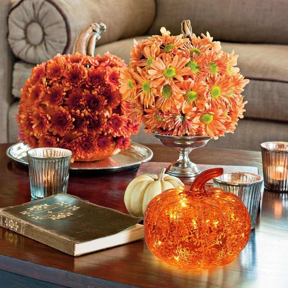 (16.3x14cm) LED Glas Kürbis Lampe Herbst Accessoire Thanksgiving Home Deko mit Beleuchtung