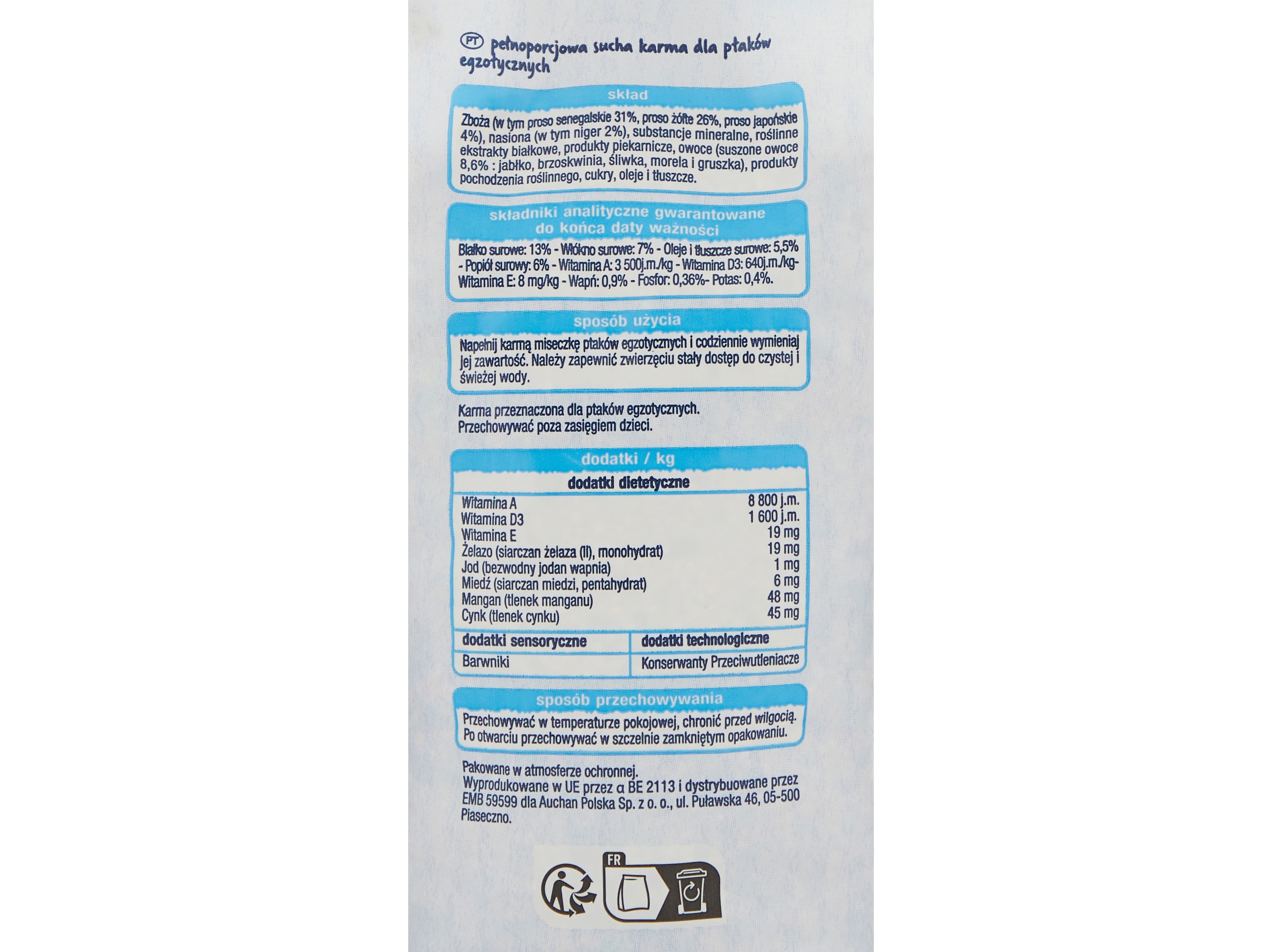 COMIDA PARA PÁSSAROS EXÓTICOS AUCHAN MENU COMPLETO 800G