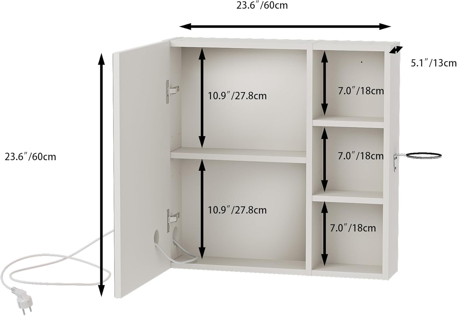 Spiegelschrank Bad mit Beleuchtung und Entnebelungs Funktion Hängend Bad Spiegelschrank mit Haartrocknerhalter und 3 Einstellbar Einlegeböden für Badezimmer,60x15x60 cm Off-White