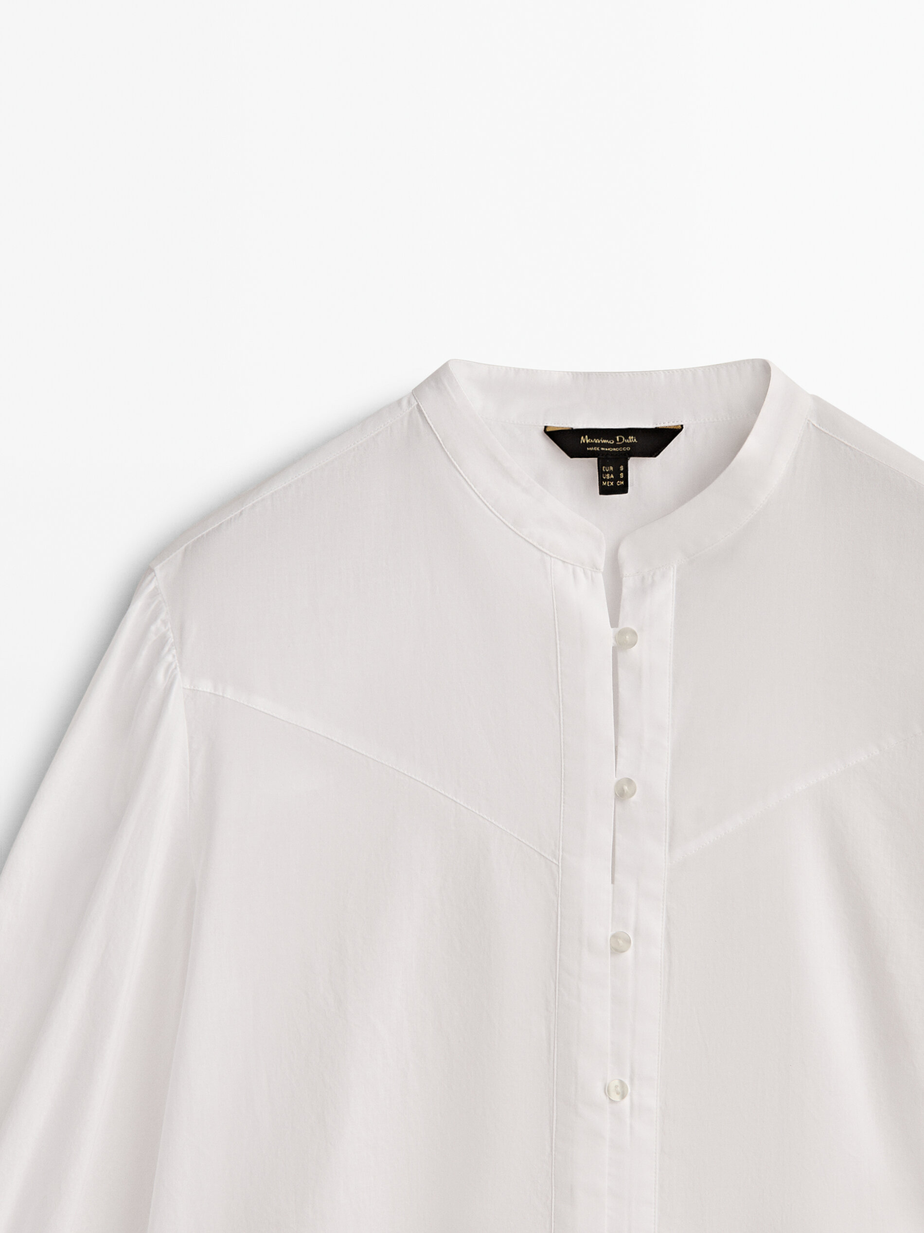 Camisa de algodão lavado com gola mandarim - BRANCA
