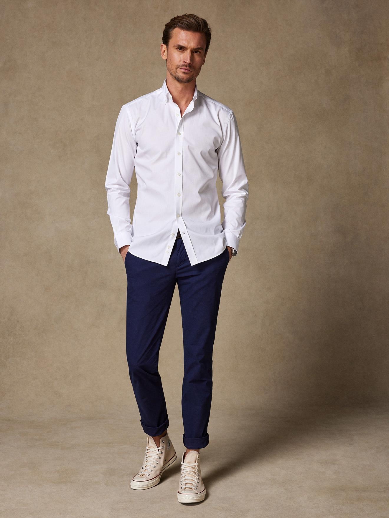 Chemise cintrée en pin point blanc - Col Boutonné