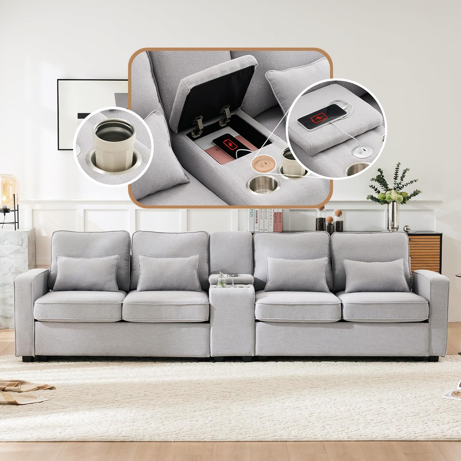 Kebnor Modernes 4-Sitzer-Sofa aus Leinenstoff mit Konsole, 2 Getränkehaltern, 2 USB-Anschlüssen zum Aufladen mit Kabel, mit Armlehnentaschen und 4 Kissen, einfaches Sofa für Wohnzimmer, Büro (Grau)