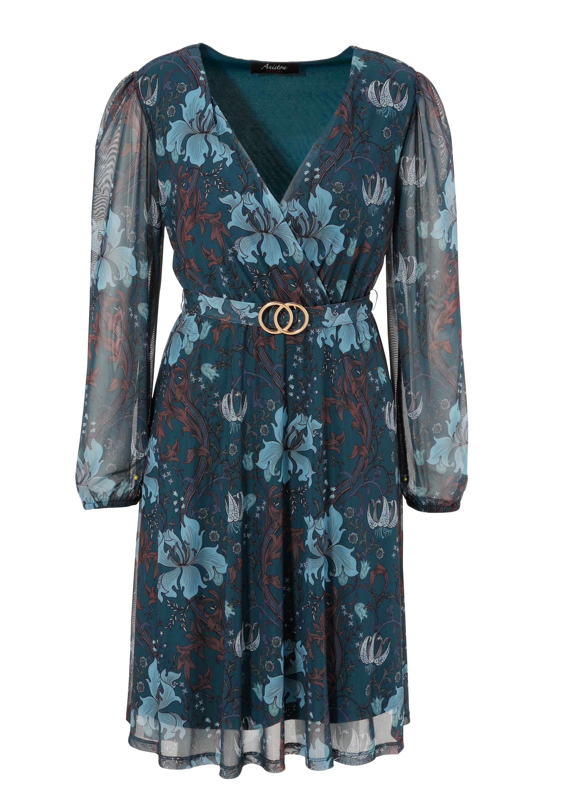 Aniston CASUAL Blusenkleid mit dekorativer Brosche am fixiertem Bindegürtel