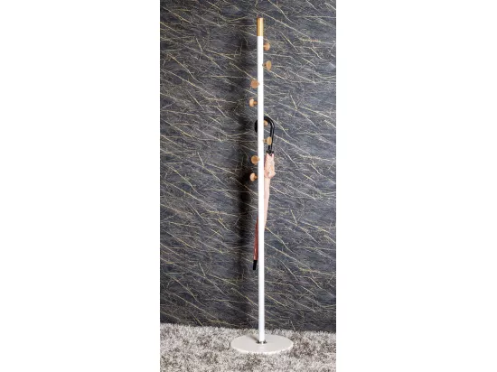 Porte-manteau en acier coloris blanc et bois coloris naturel, pieds en marbre coloris blanc - diamètre 35 x hauteur 178 cm