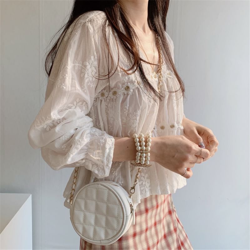 ISSOL - Blouse met lange mouwen en V-hals en kant