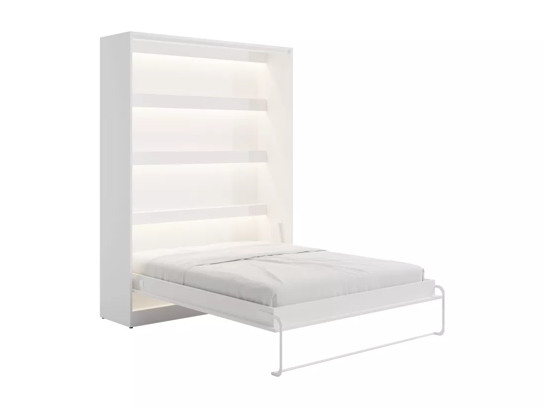 Lit escamotable 160 x 200 cm - Ouverture verticale manuelle - Avec LEDs - Blanc - RAPILI