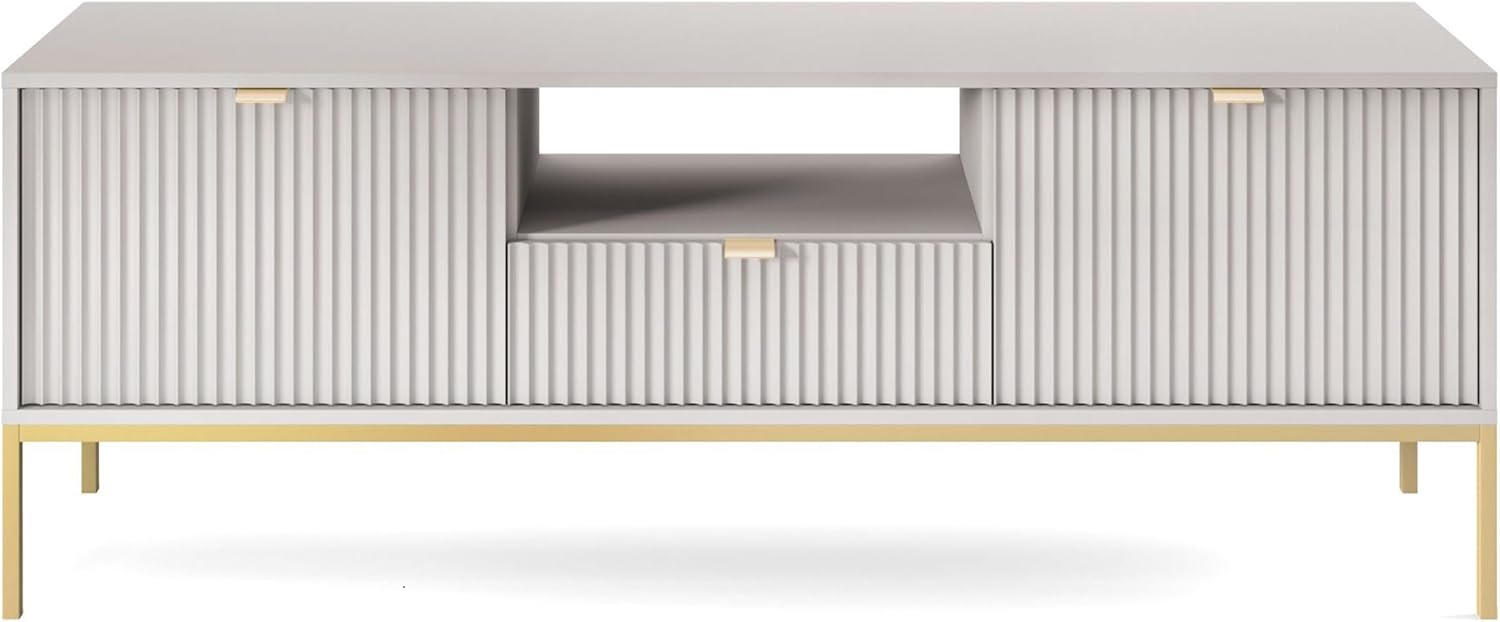 Selsey Vellore TV-Element Fernsehschrank - Grau mit geriffelten Fronten und goldenen Metallbeinen, 154 cm