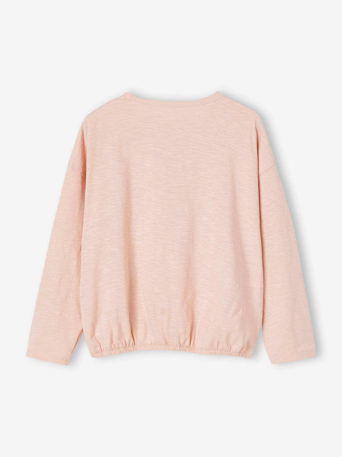 Camiseta esportiva feminina de manga comprida e tecido elástico na cor rosa maquiagem.