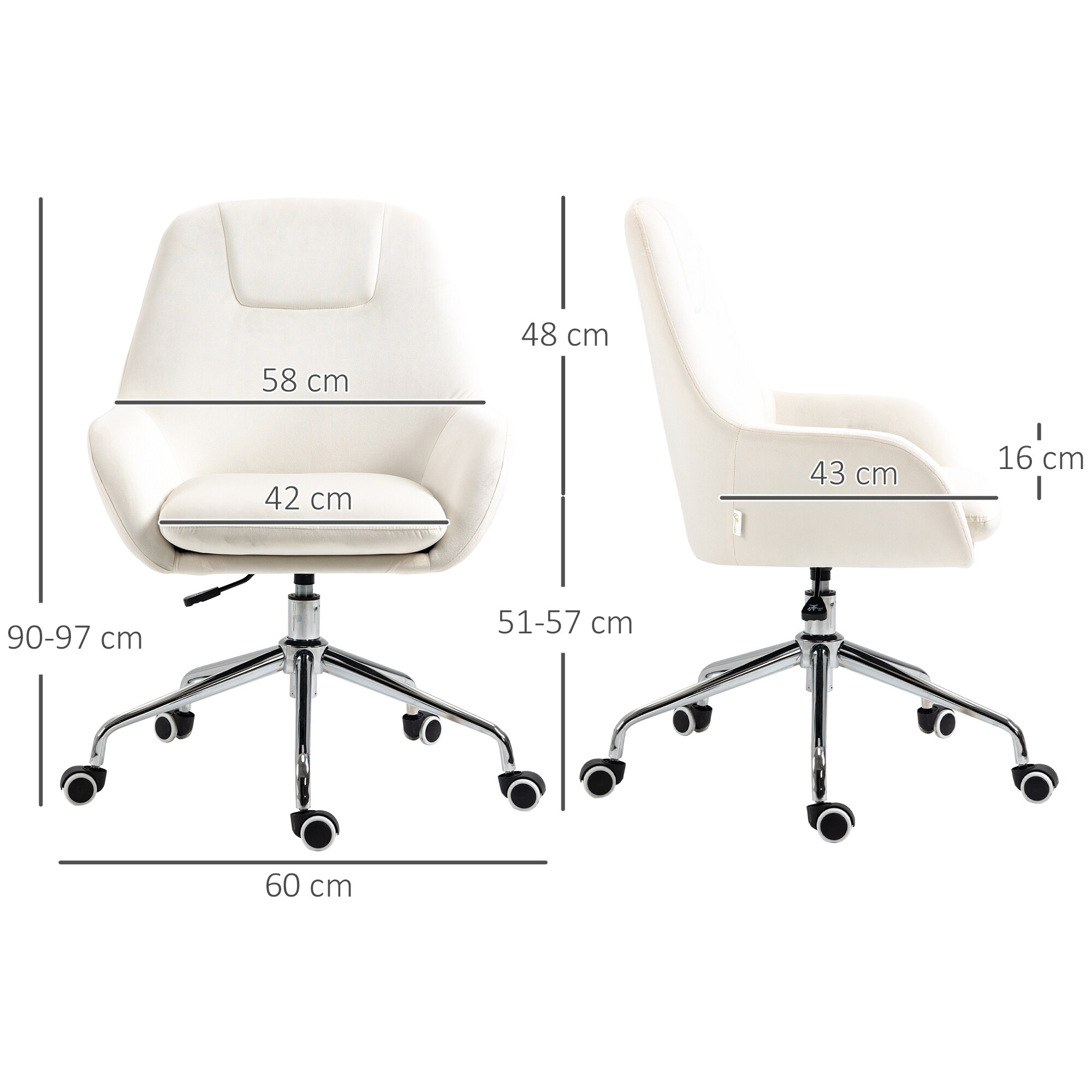 Vinsetto Bürostuhl mit Rollen weiß 65L x 66B x 97H cm