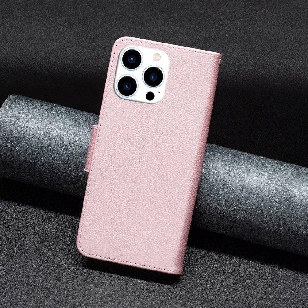iPhone 14 Pro Leder Tasche Flip Cover im Litchi Look mit Kartenfach   Handschlaufe - Roségold