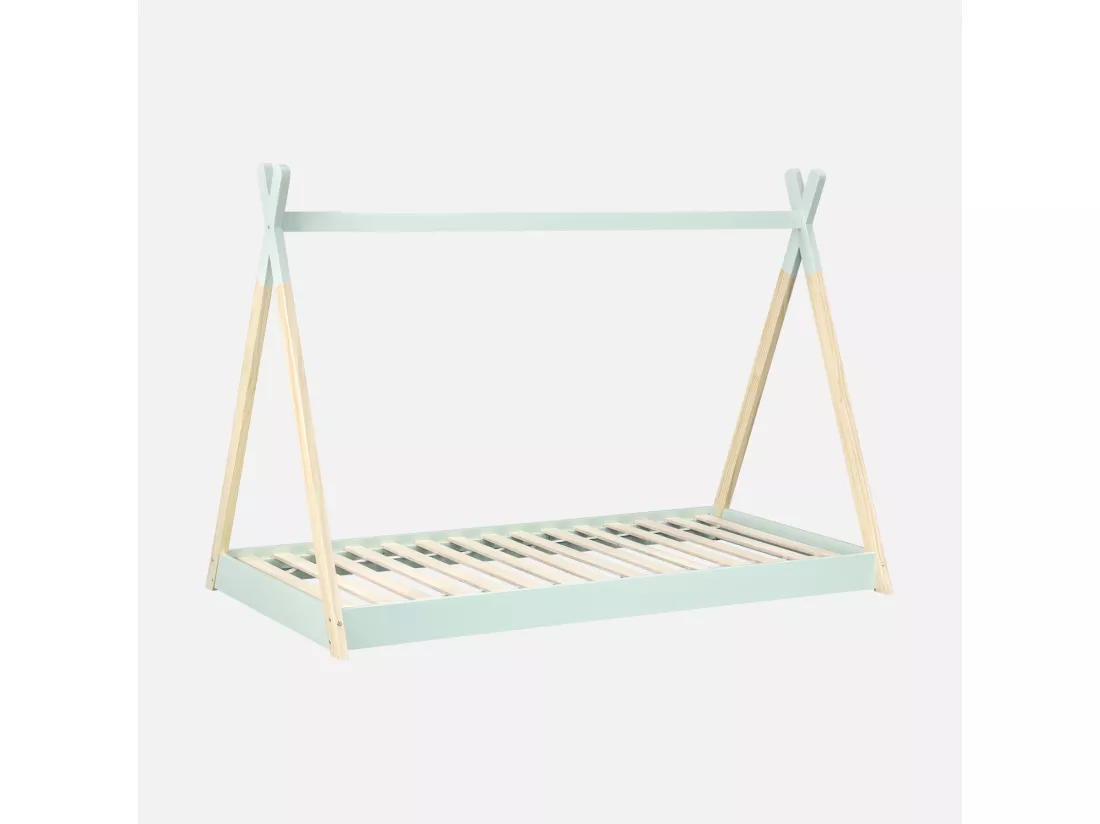 Lit Tipi en bois massif. pin naturel vert céladon - sommier inclus. 90x190cm - Tobias