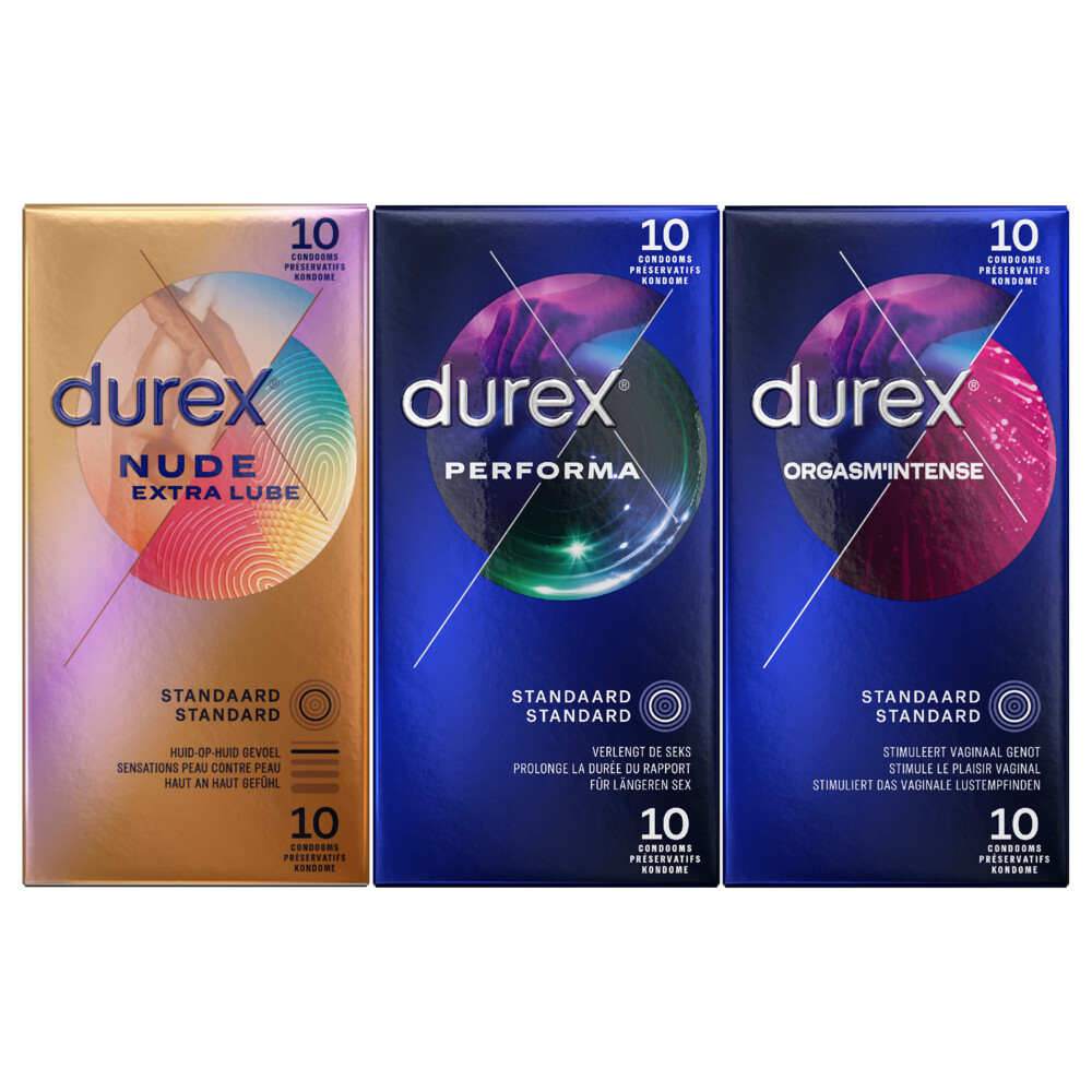 Durex - Perfoma Condooms 10 stuks, Nude Extra Lube Condooms 10 stuks & Orgasm Intense Condooms 10 stuks Pakket