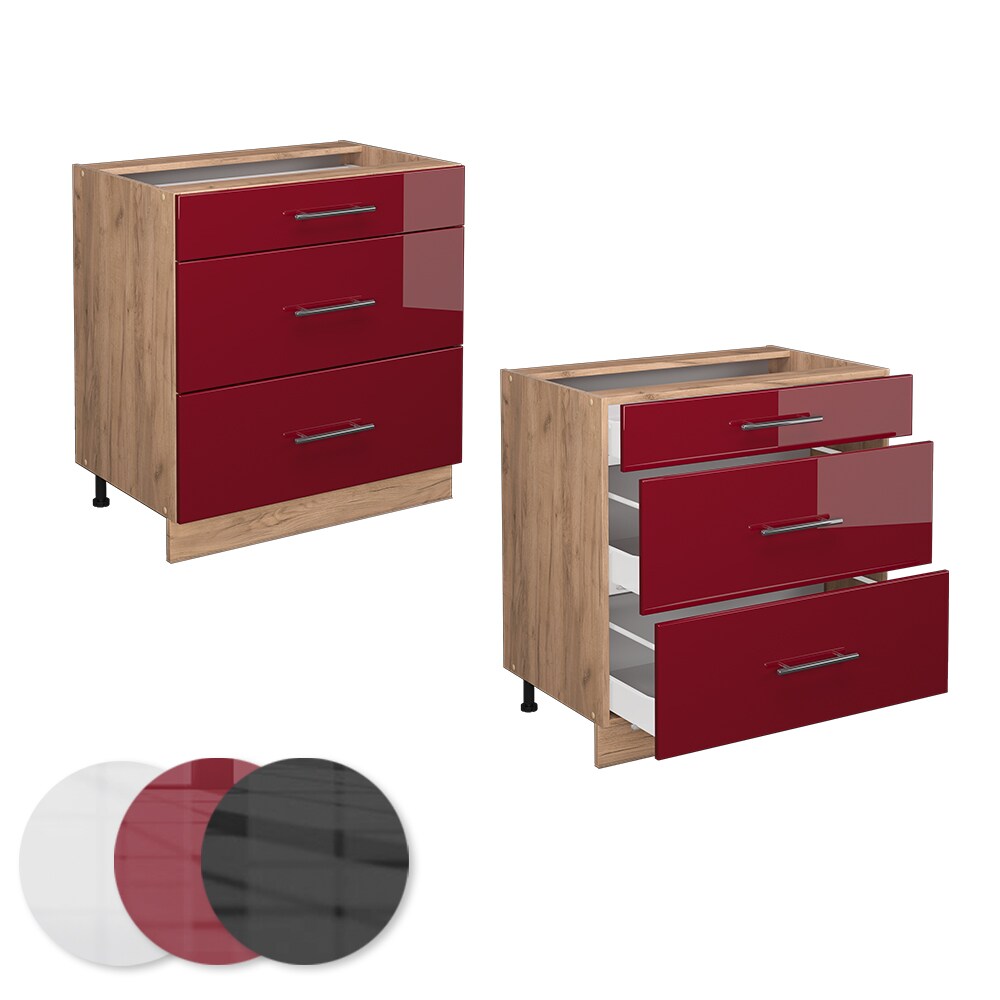 Vicco Schubladenunterschrank Küchenschrank Küchenmöbel Fame-Line Eiche Bordeaux Rot 80 cm modern Hochglanz Küche Einbauküche Drehtür Blende Schublade Küchenunterschrank Küchenzeile