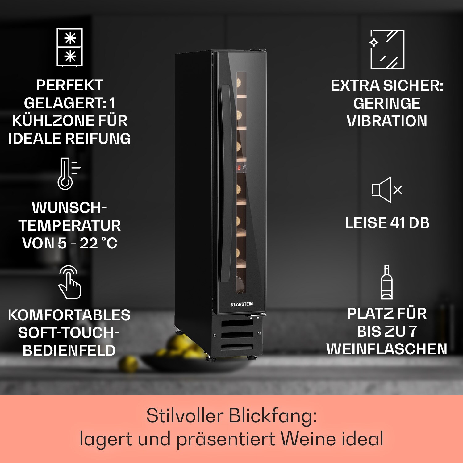 Vinovilla 7 Built-in Uno Onyx Einbau-Weinkühlschrank Glas Edelstahl Schwarz