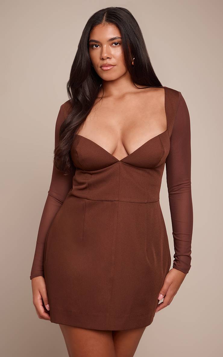 Marron Robe Mini Moulante Tissée À Manches Longues Et Décolleté Plongeant