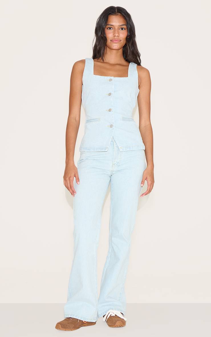 Bleu Clair Jean Droit Taille Mi-haute