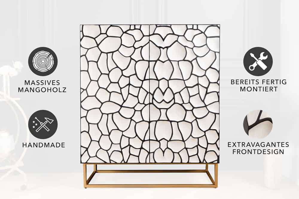 Massivholz Highboard VULCANO 120cm weiß schwarz Mangoholz mit 3D Schnitzereien handmade Metallgestell gold