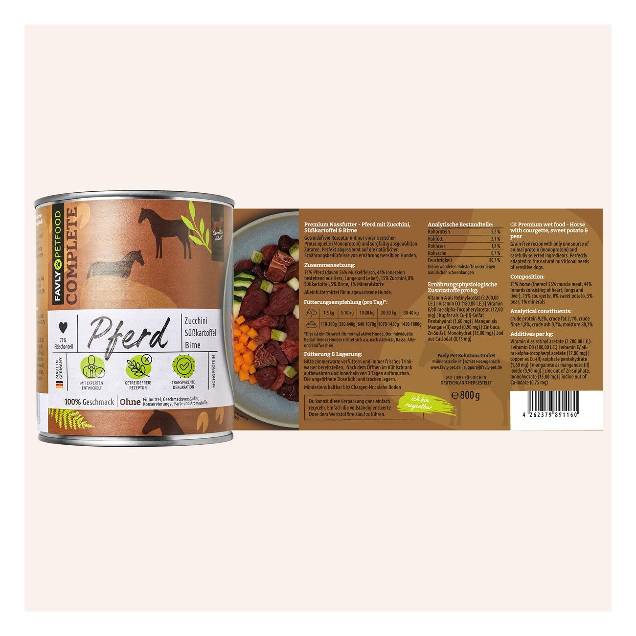 FAVLY Petfood Nassfutter Pferd mit Zucchini, Süßkartoffel & Birne 6x800 g