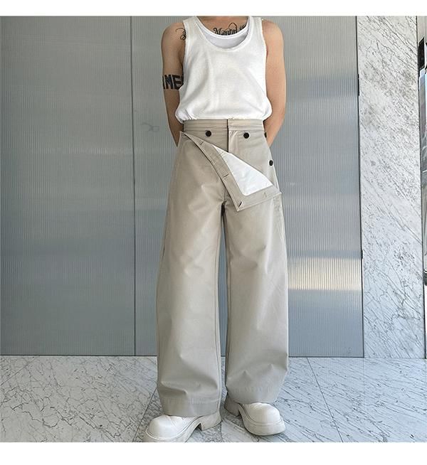Freehop - High Waist Mock Two-Piece Plain Wide Leg Pants