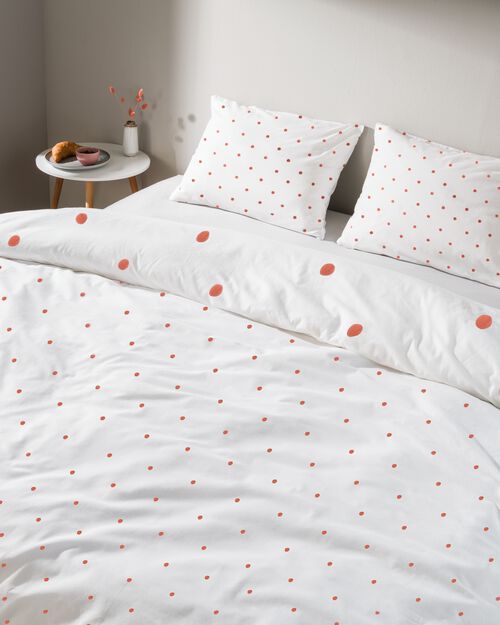 housse de couette 200x200/220 coton doux blanche à pois marron