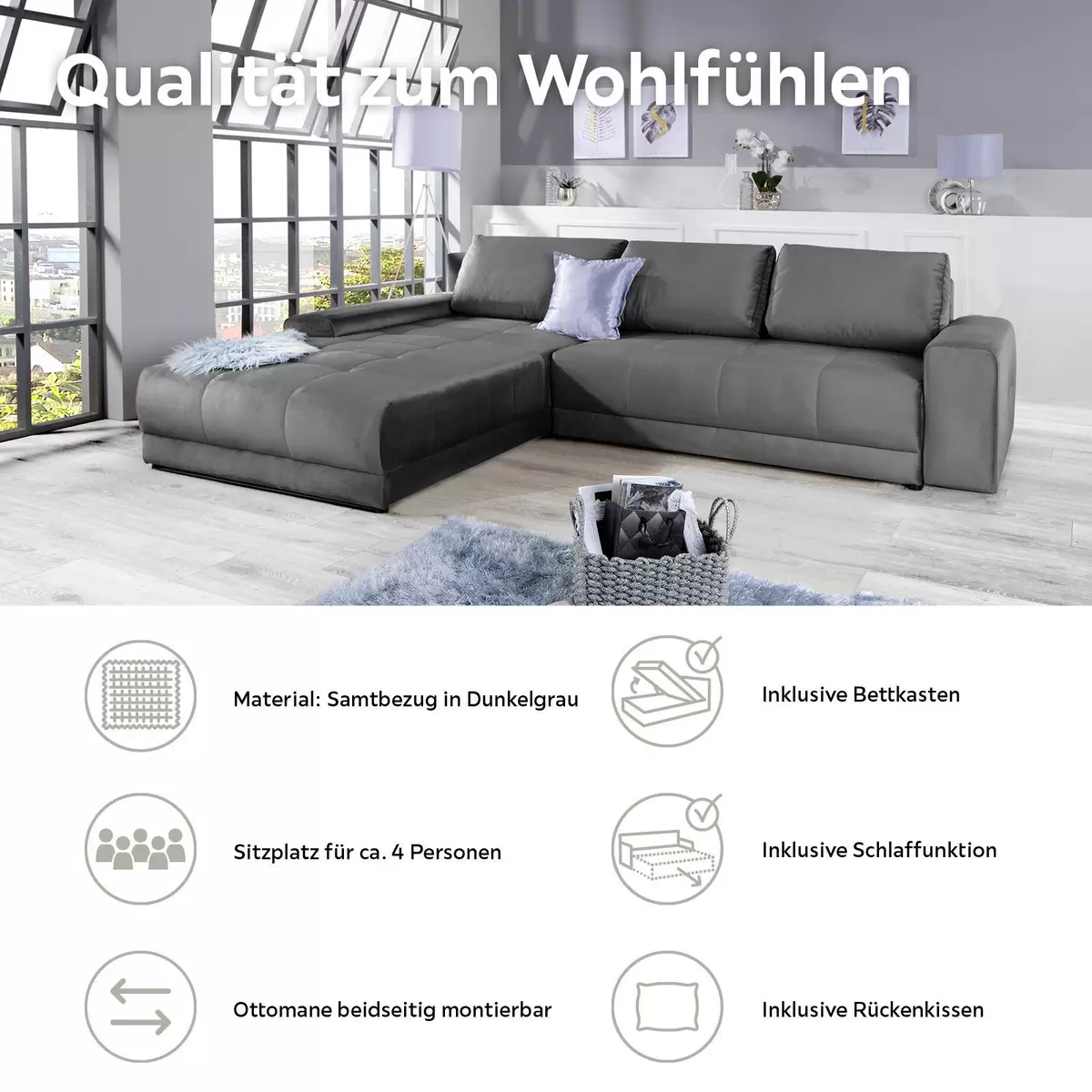 Ecksofa Adria 246 x 137 Dunkelgrau
