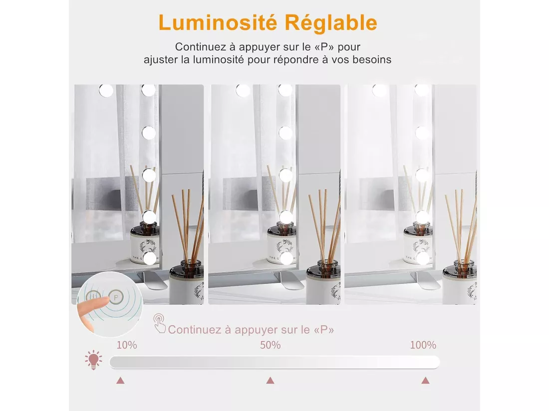 Miroir Maquillage Hollywood 60 x 53cm avec Lumière 14 Ampoules,Miroir Maquillage LED 3 Modes Réglables Contrôle Tactile Connecté USB