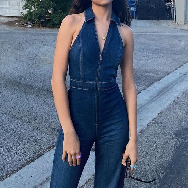 Whoosh - Mouwloze halterjurk met wijde pijpen en denimlook
