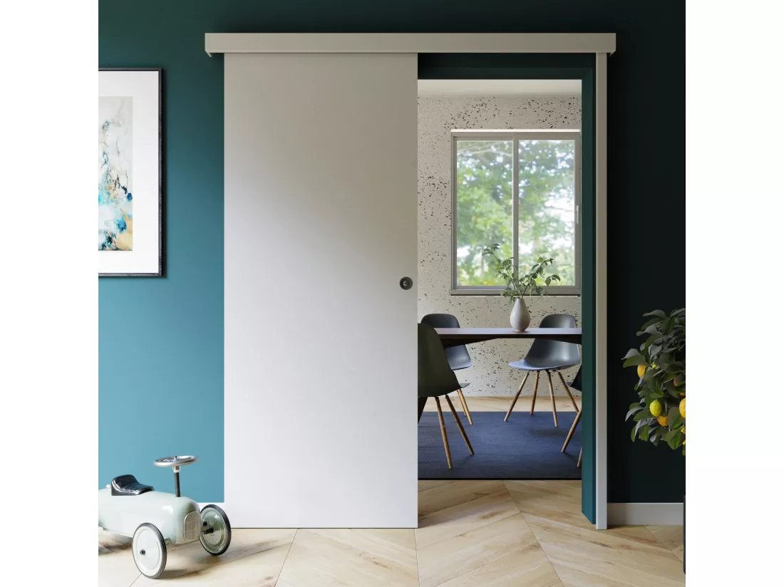 Porte Coulissante avec Rail + Serrure - Prépeinte Plane 83 cm