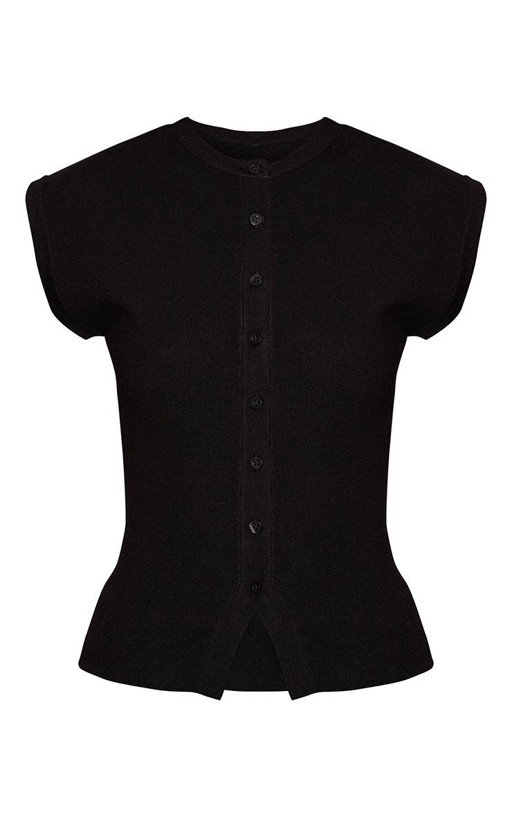Noir Haut En Maille À Manches Courtes Boutonné Devant Pour Grande Taille