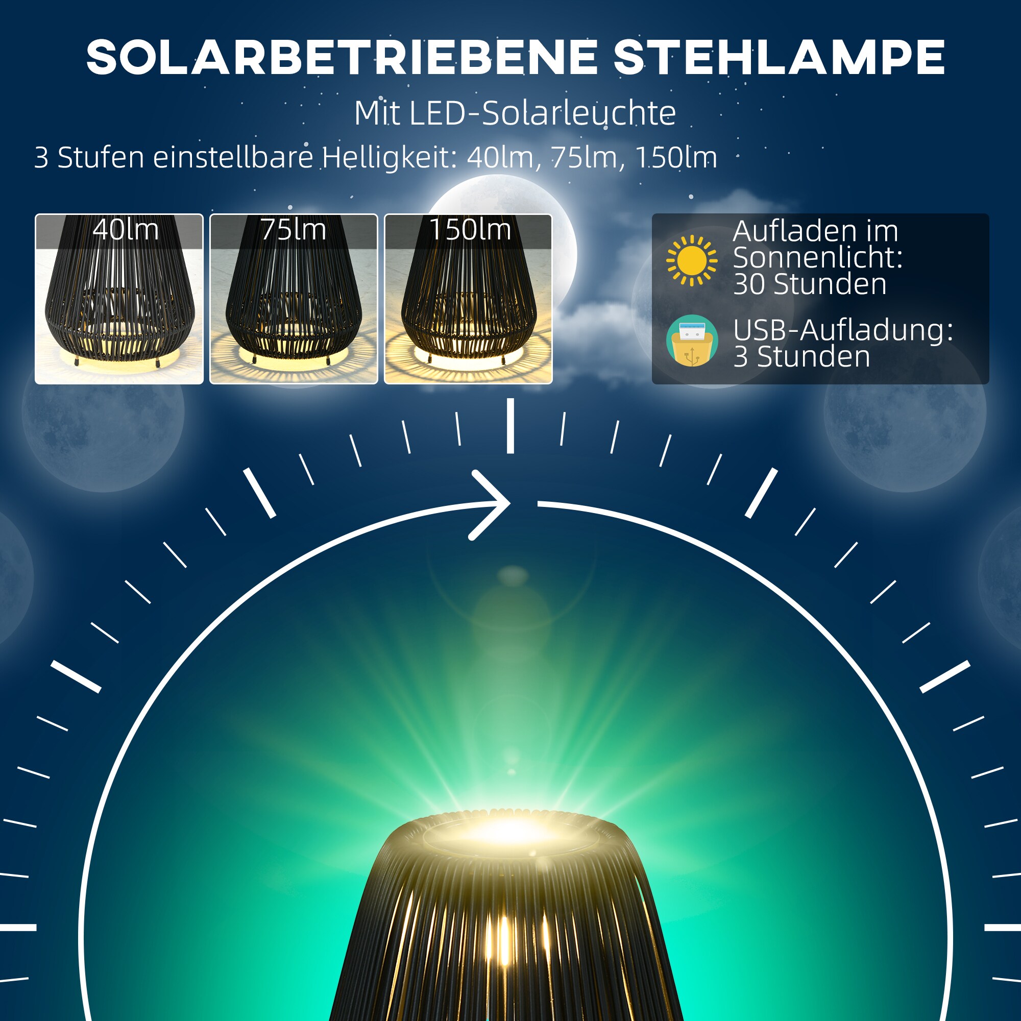 Outsunny Solarleuchte mit Lichtsensor schwarz Ø27 x 37H cm