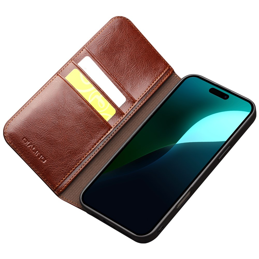 iPhone 16 Echtleder Tasche Flip Wallet Cover mit Kartenfächer - Braun
