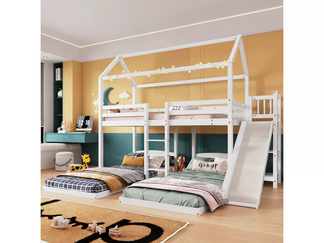 Lits superposés triples 3 x 90 x 200 cm avec toboggan et étagères - sommier à lattes seul au dessus - pin + MDF - blanc (sans matelas)
