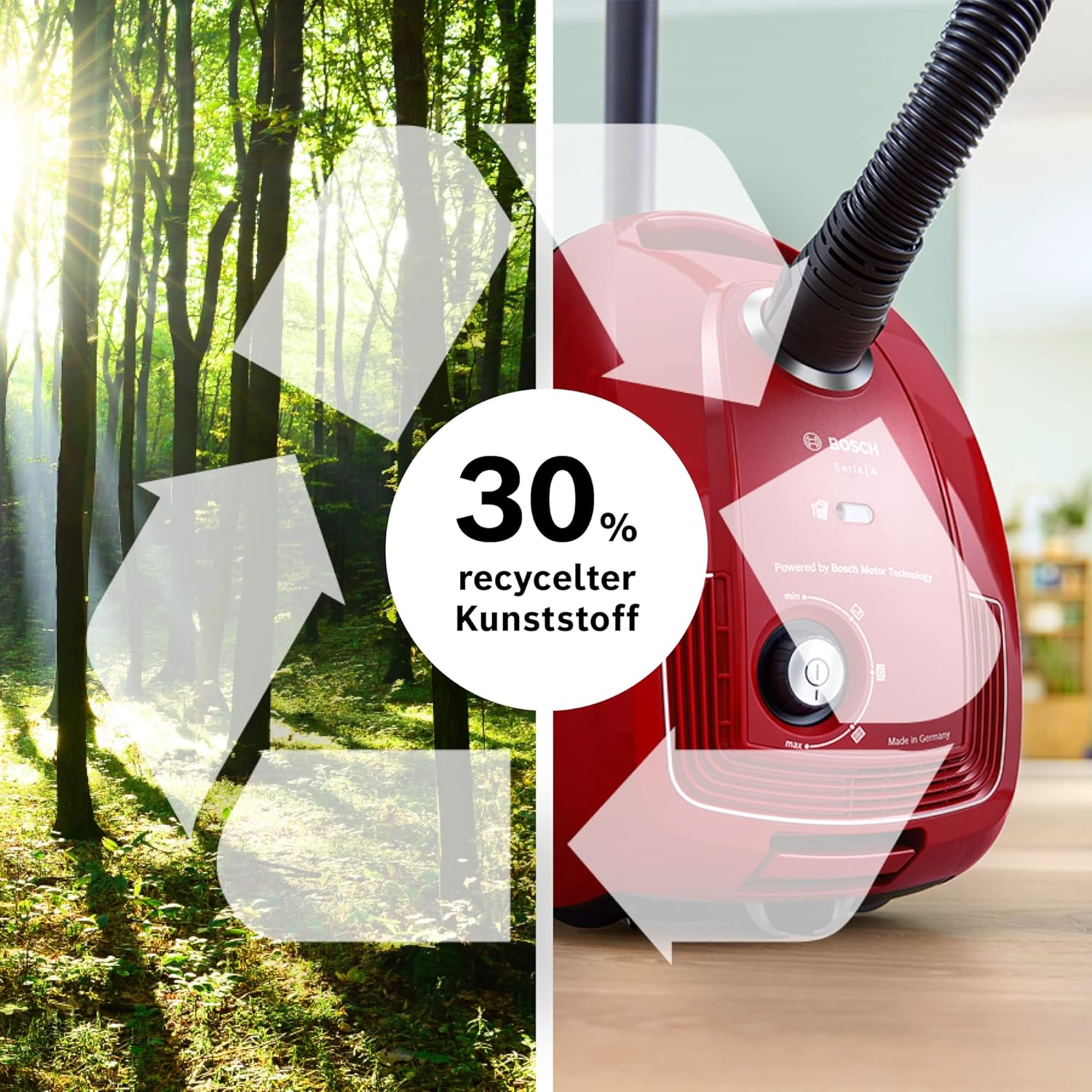 Bosch Hausgeräte Staubsauger mit Beutel Serie 4 BGD38RD1H, nachhaltig, Hygiene-Filter, 10 Jahre Motorgarantie, Hartbodendüse, Zubehör-Clip, Polsterdüse, Fugendüse, hohe Saugkraft, 600 W, rot