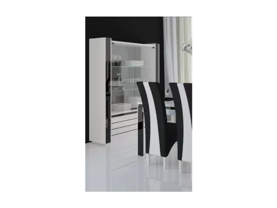 Vitrine / argentier / vaisselier LINA coloris blanc avec façades blanches et noires brillantes – 120 x 185 x 45 cm