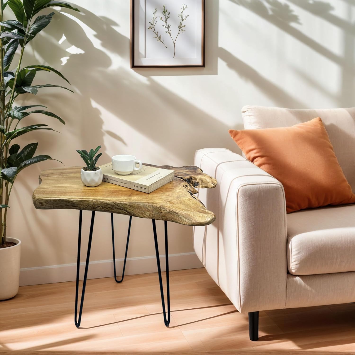 Live Edge Couchtisch, einzigartiger Couchtisch aus Echtholz, Beistelltisch aus Naturholz mit Metall-Haarnadelbeinen, 58,4 cm B x 34,3 cm T x 43,2 cm H für Wohnzimmer, Schlafzimmer, Büro