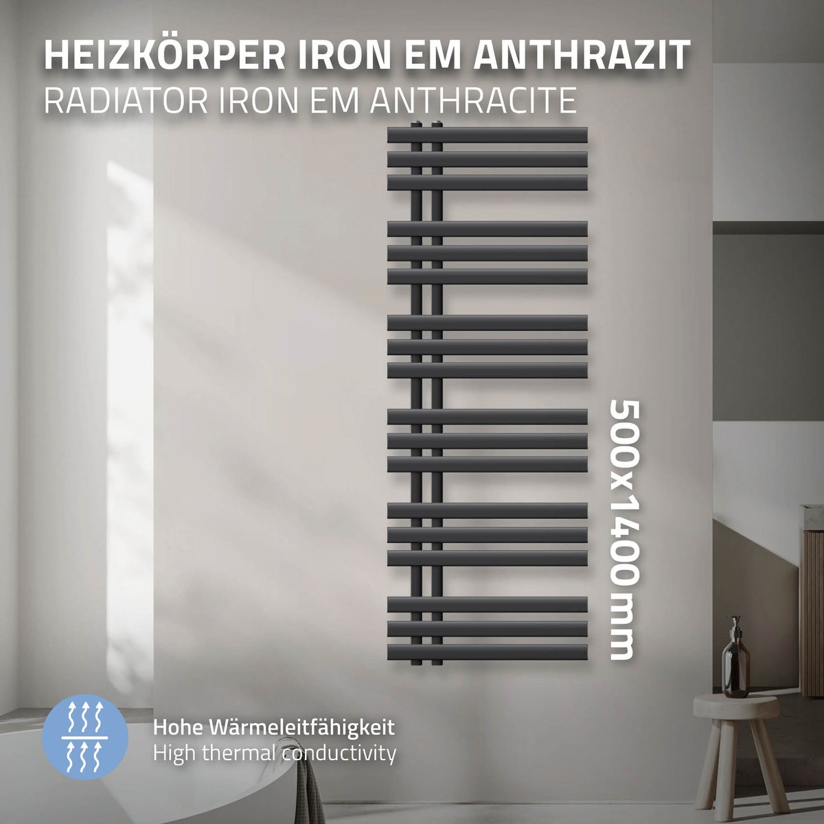 LuxeBath Design Badkamerradiator Iron EM 500 x 1400 mm, Antraciet, Designradiator Paneelradiator Vlakke radiator Handdoekverwarmer Handdoekdroger Badkamer/Woonkamerverwarming, incl. montageset