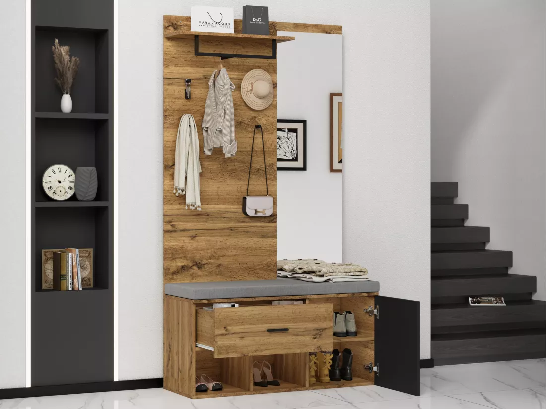 Vestiaire avec porte manteau + banc à chaussures + miroir - Naturel