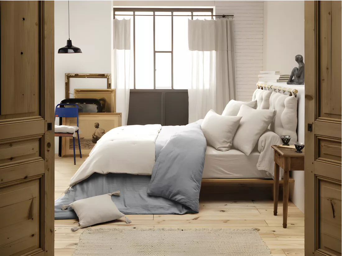 Édredon 150 x 150 cm en gaze de coton écru avec 4 pompons - PEPA