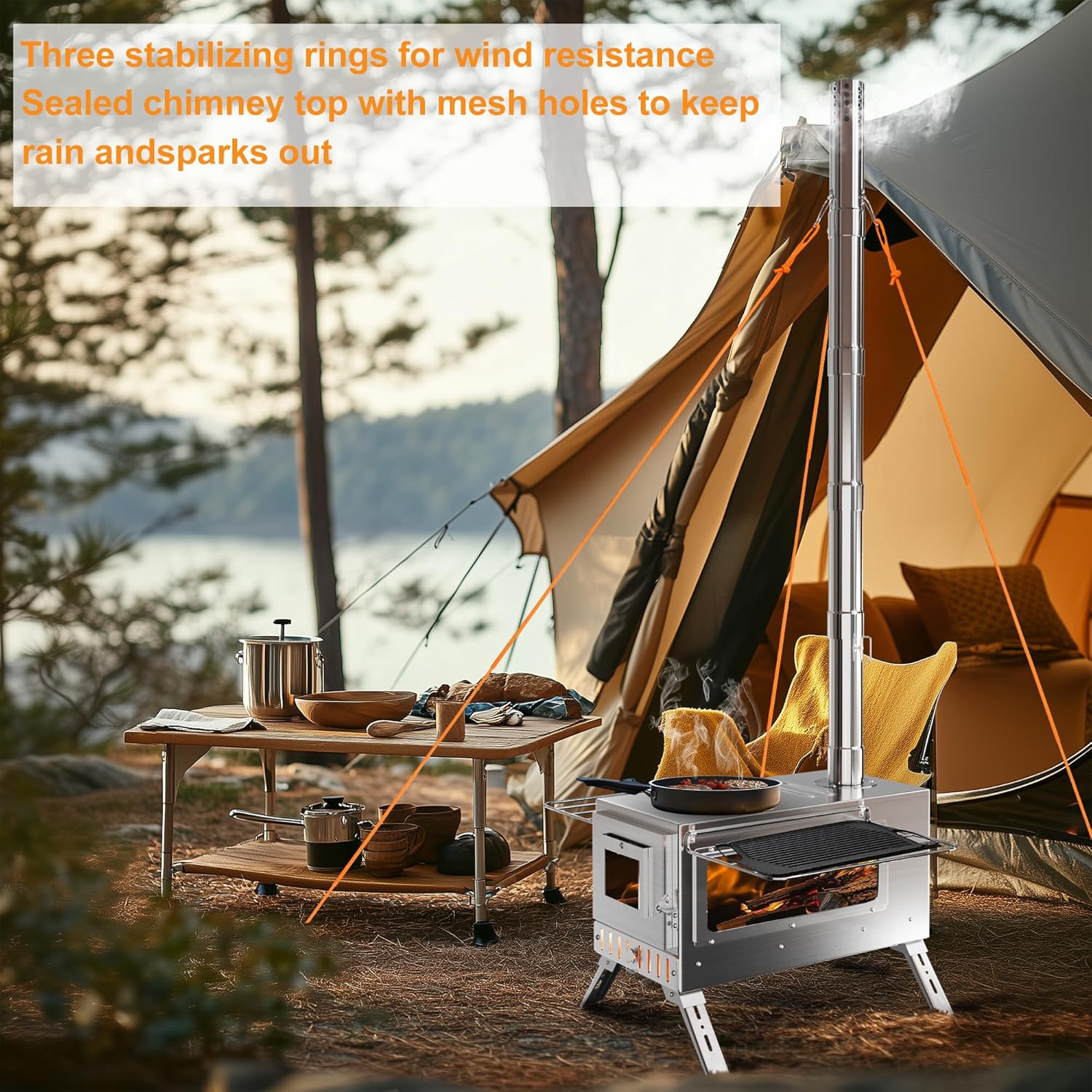 unho Zeltofen Gartenofen Tragbarer Holzofen, Campingherde Edelstahl Holzkocher mit 7 Rohren, Ideal für Camping im Zelt, Outdoor-Kochen und Gartenaktivitäten, 31 x 40 x 211 cm