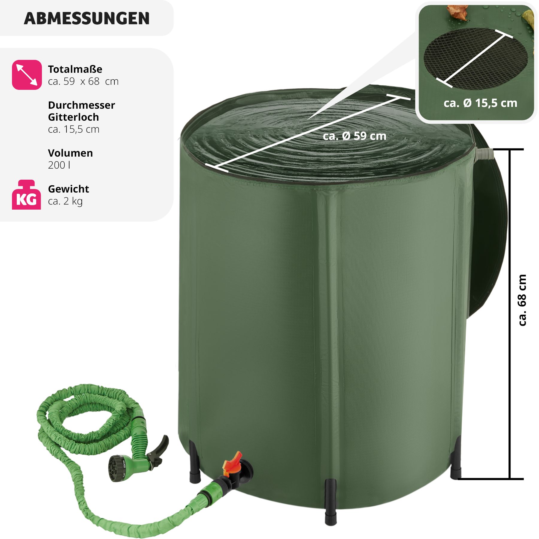 tectake® Regentonne, mit Hahn und Überlaufschutz, wetterbeständig, Oberseite abnehmbar