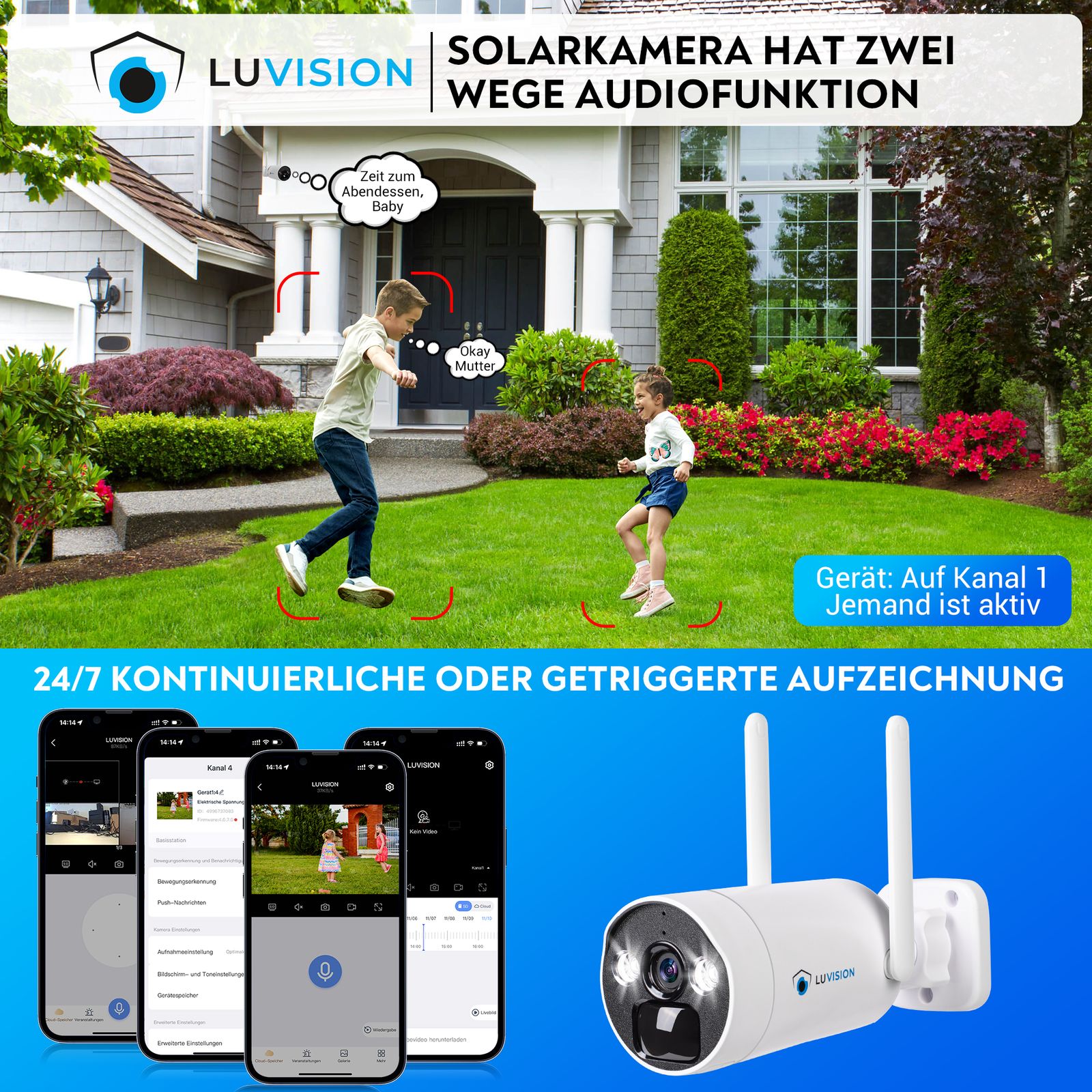 LUVISION Dual WLAN Solar Akku Überwachungssystem 10 Kanal NVR 4MP Überwachungskamera Set Mikrofon