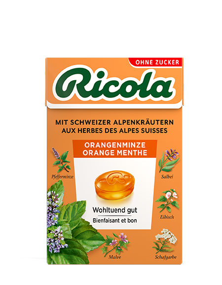 Ricola Kräuterbonbons Pastillen Orange Minze ohne Zucker mit Stevia Box 50 g