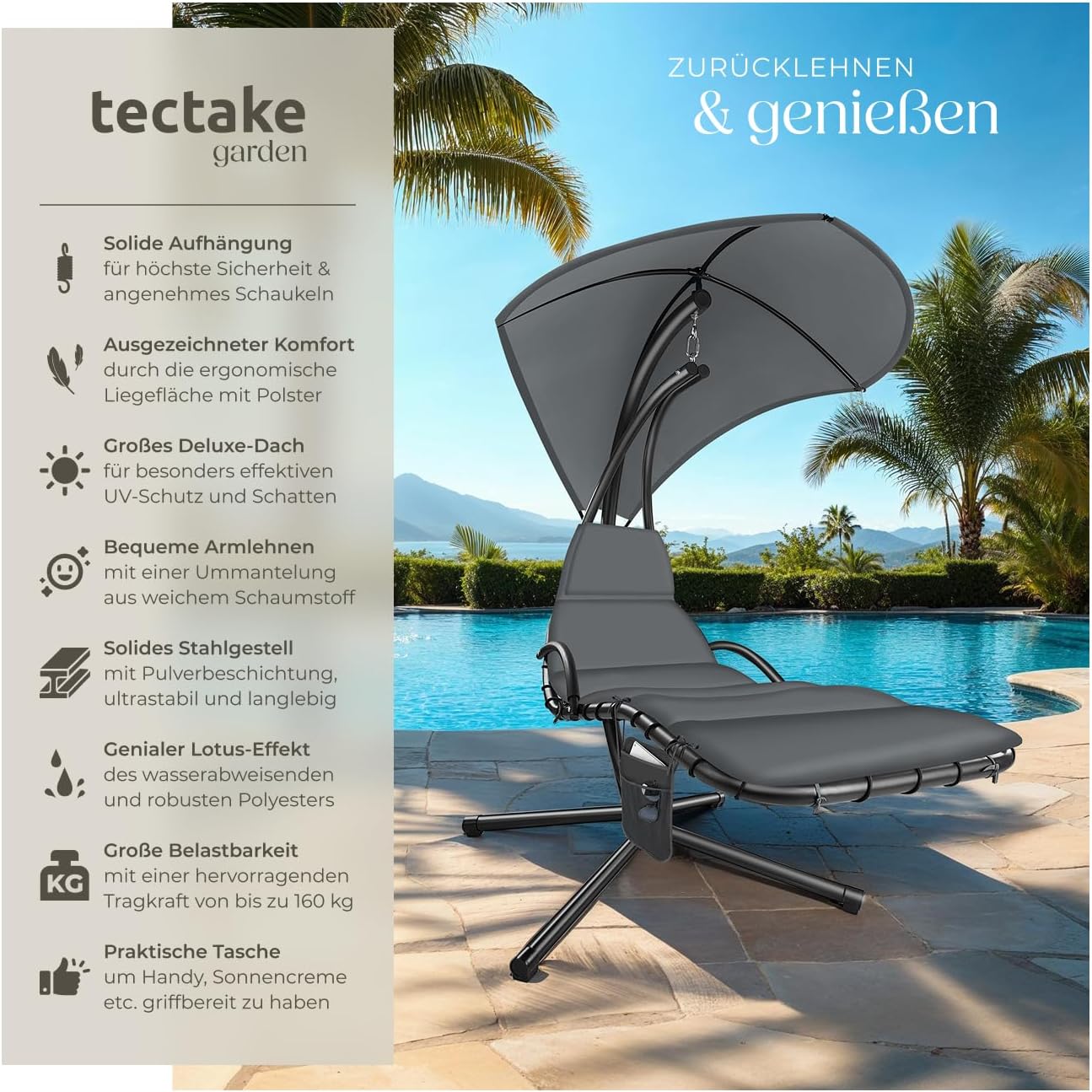 tectake® Hängeliege mit Gestell, Schwebeliege, Schwingliege mit Sonnendach, Schaukelliege, Hängesessel inkl. Tasche, Polsterauflage mit Kopfkissen, für Garten, Terrasse und Balkon - grau