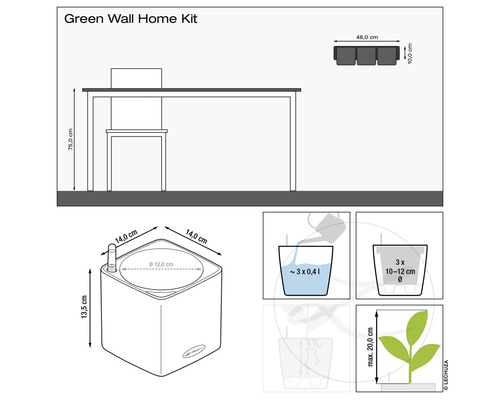 Lechuza Cube Color Green Wall bloempot, 14 cm hoog, grijs kunststof, inclusief houder, waterniveau-indicator, zelfbewateringssysteem en plantenbak